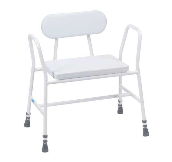 Bariatric Perching Stool - White PVC Seat with Tubular Armrests and Padded Back - Great British Mobility