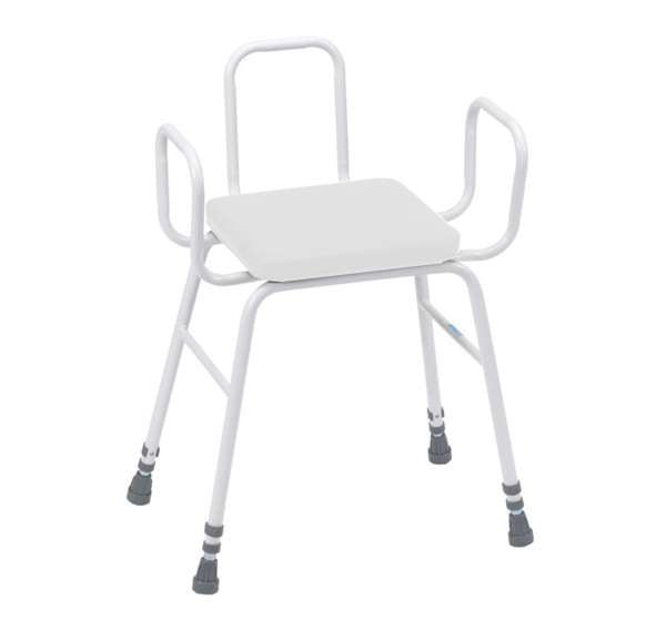 Perching Stool - White PVC Seat, Tubular Armrests and Back - Great British Mobility