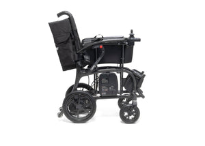 Drive AeroCarbon powerchair folded and standing upright, side-on profile
