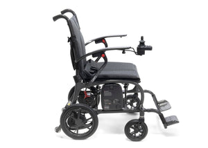 Drive AeroCarbon carbon fibre powerchair in side profile, footplate lowered