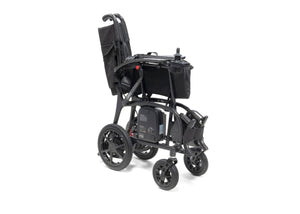Drive AeroCarbon powerchair folded and standing upright, viewed from behind